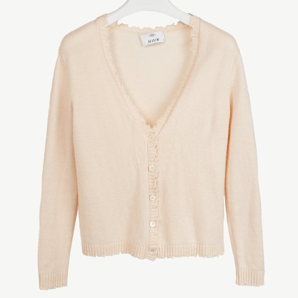 Allude Cream Wool & Cashmere Distressed V-Neck Cardigan